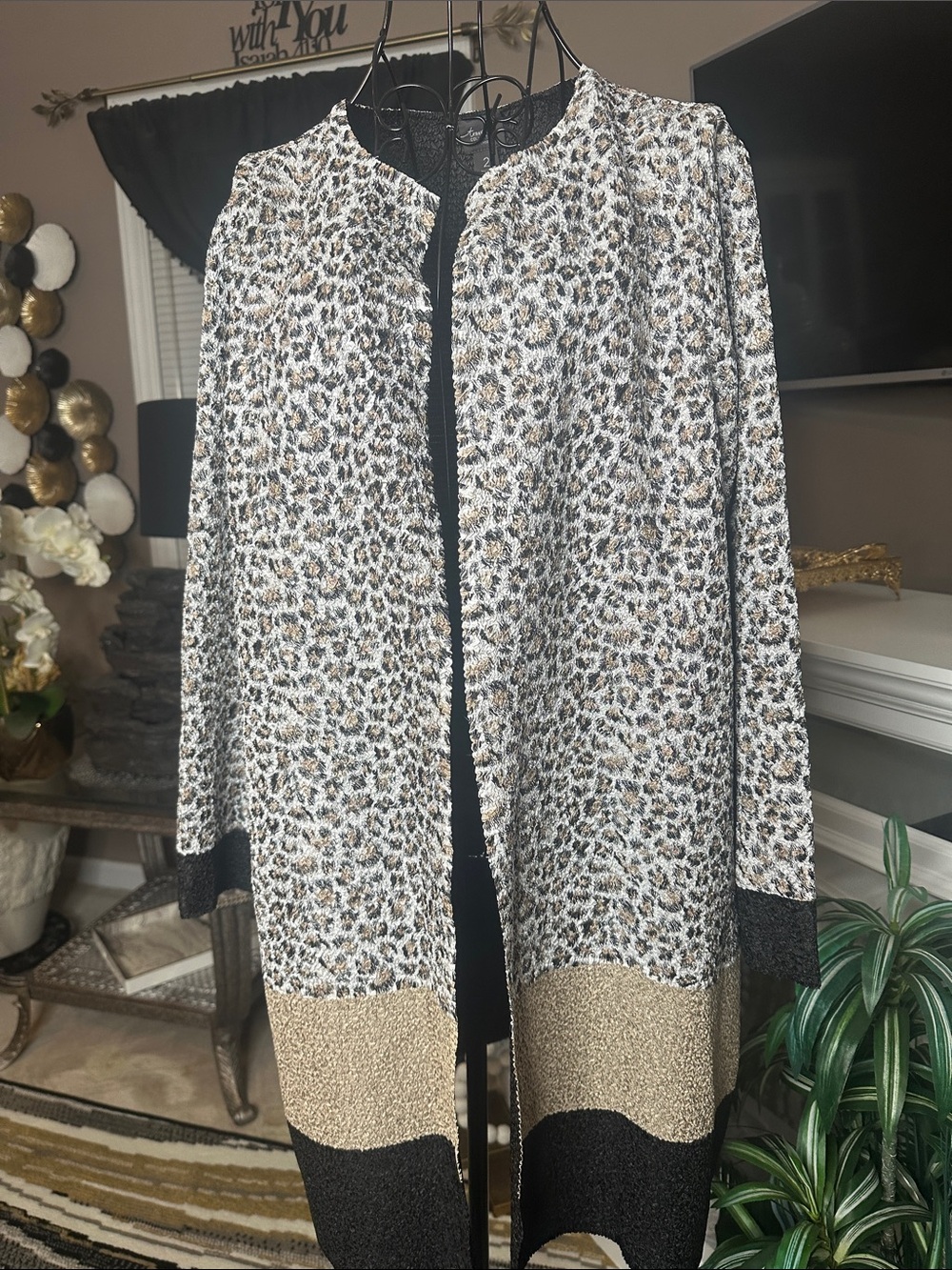 Leopard Print Open Front Coatigan - Black, Tan & Cream